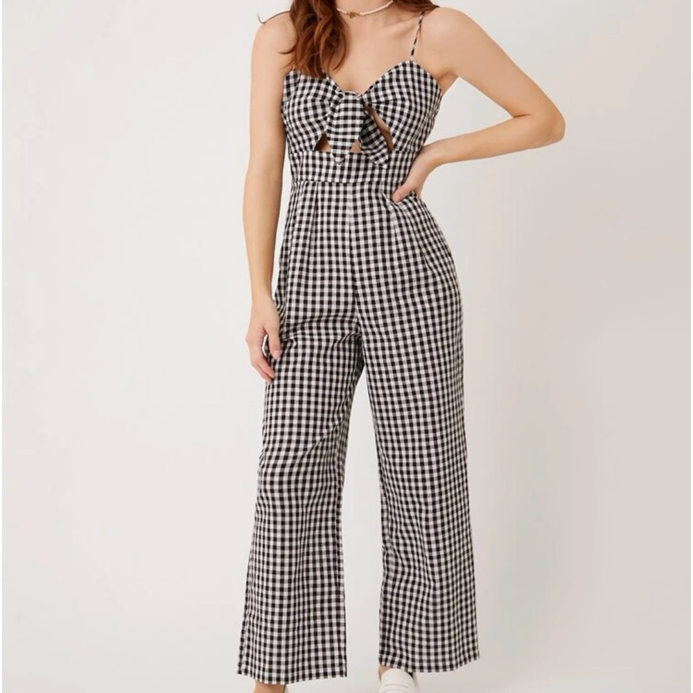 Classic Plaid Gingham Cut Out Tie Front Cami Jumper Jumpsuit - Picture 6 of 6